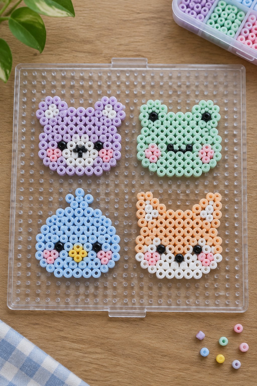 Four perler bead animals on pegboard: purple bear, green frog, blue bird, orange fox.
