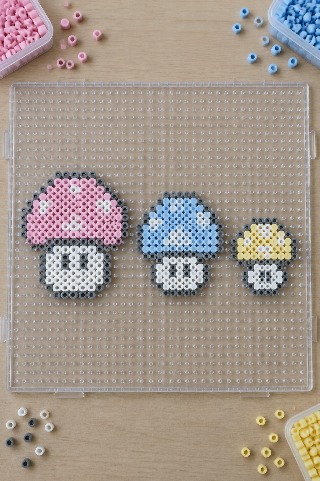 Transparent pegboard with three colorful perler bead mushroom designs and scattered beads.