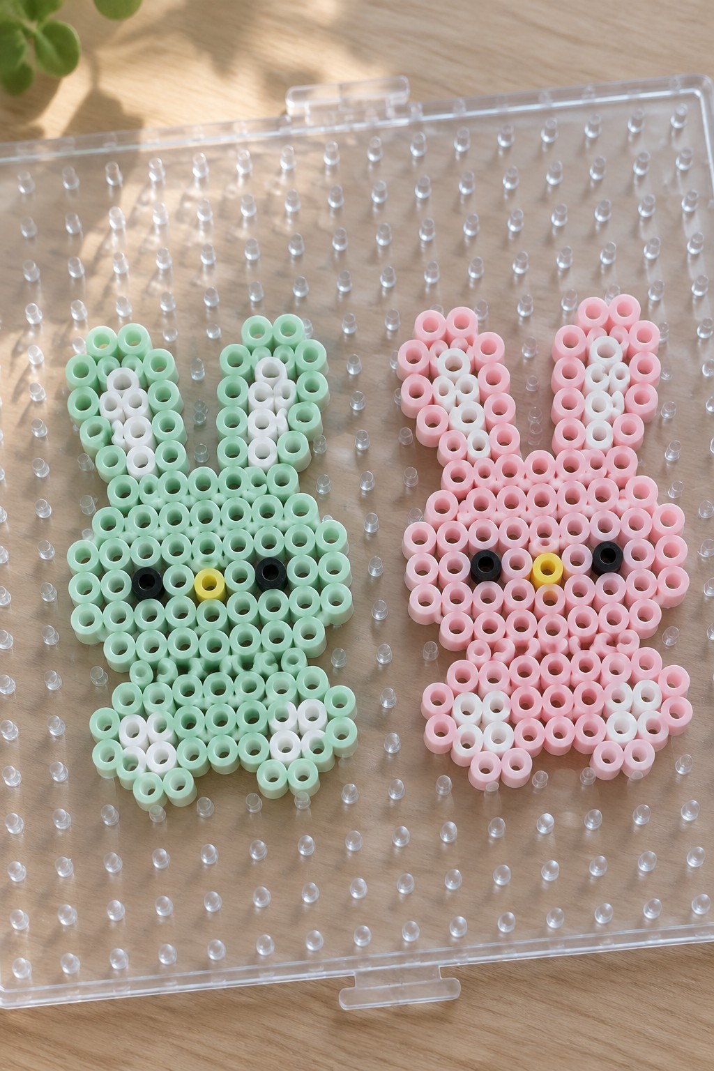 Two perler bead bunnies in mint green and pink on a pegboard.