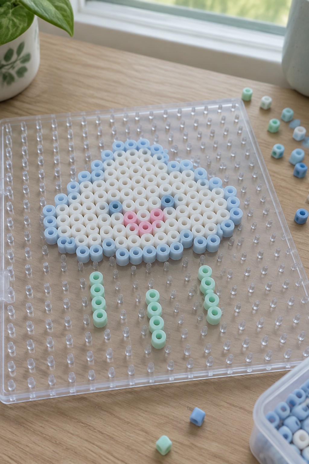 Perler beads arranged into a pastel cloud with pink accents and green raindrops on a clear pegboard.