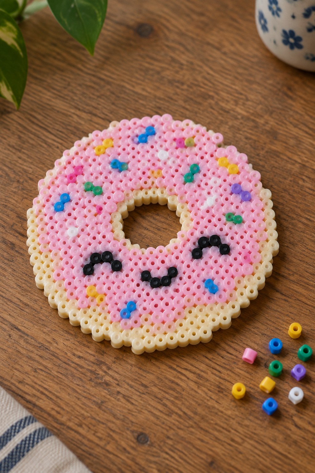 A Perler bead donut with pink top, beige bottom, black kawaii face, and scattered colorful sprinkles on a pegboard.