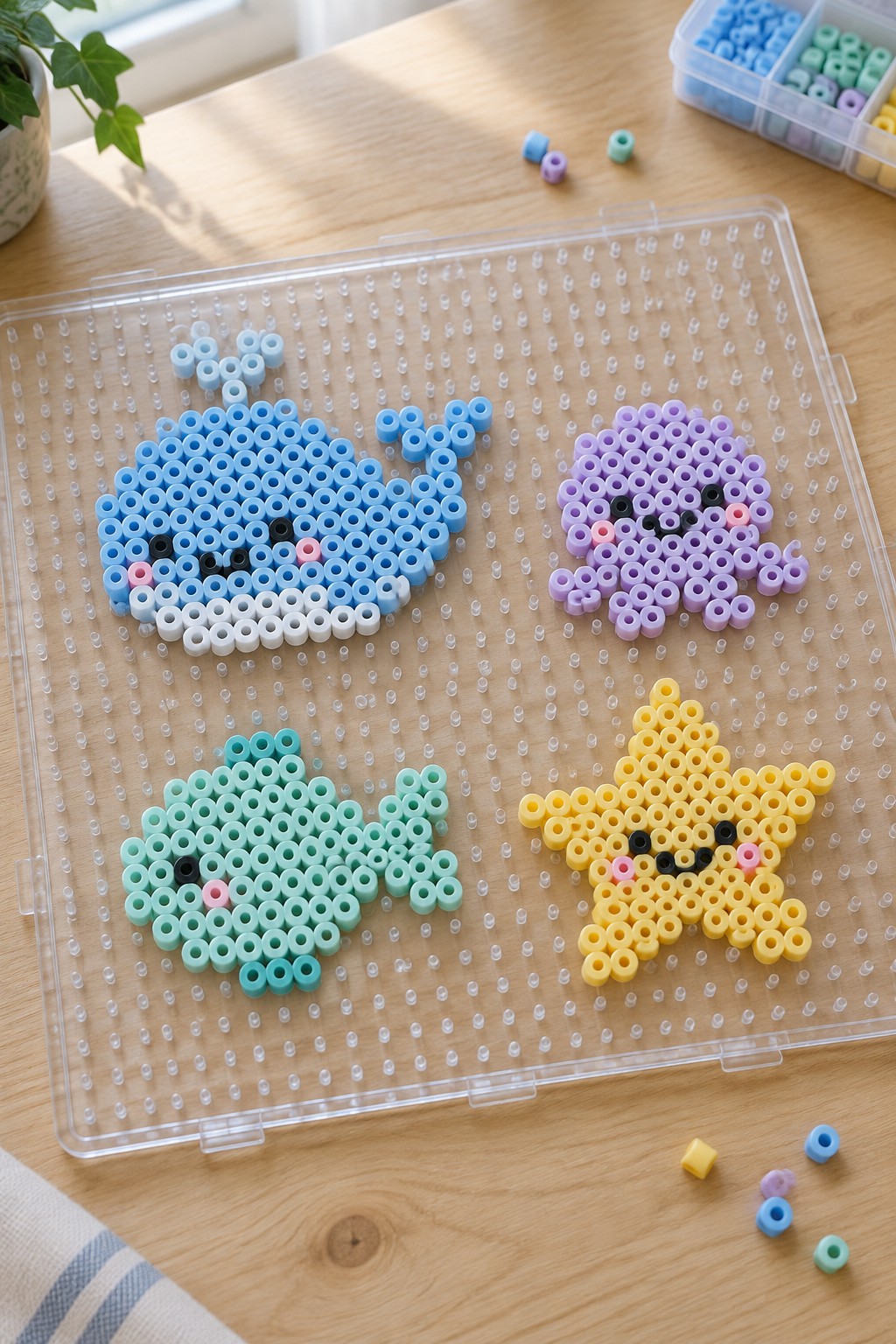 Colorful perler bead whale, octopus, fish, and starfish arranged on clear pegboard over wood.