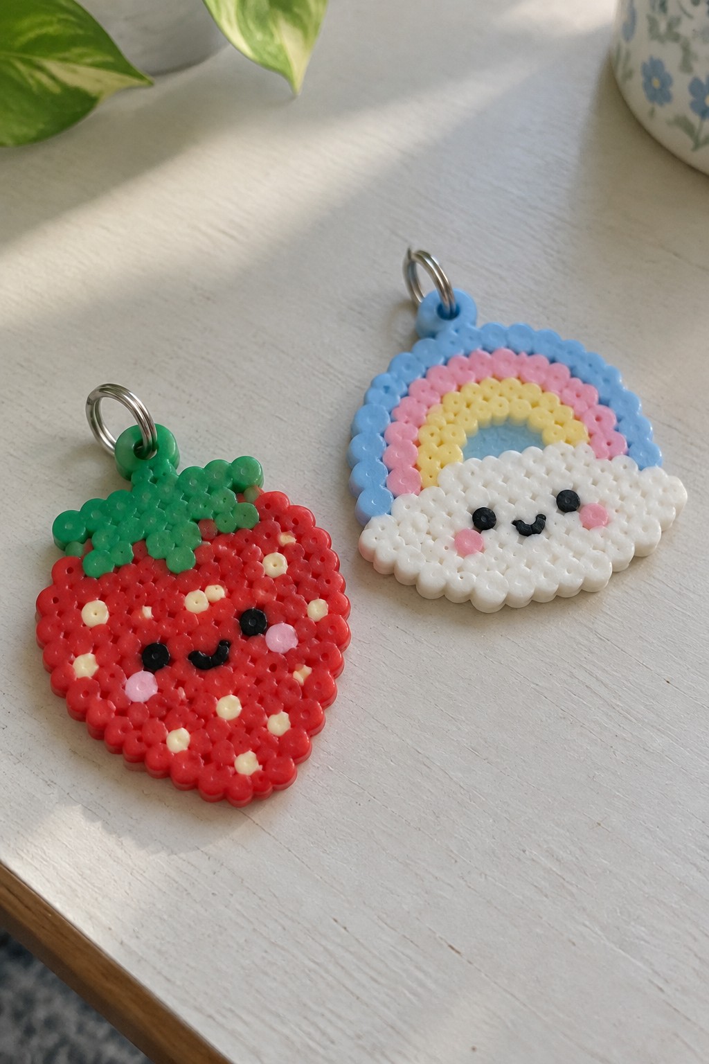 Two fused Perler bead keychains, one red strawberry with green leaves and one rainbow with white cloud, both with kawaii faces.