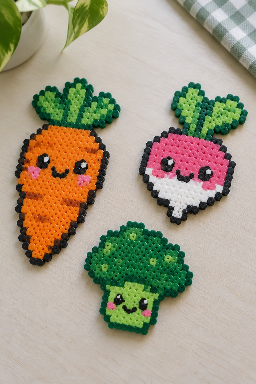 Three kawaii perler bead vegetable crafts with faces on wooden table