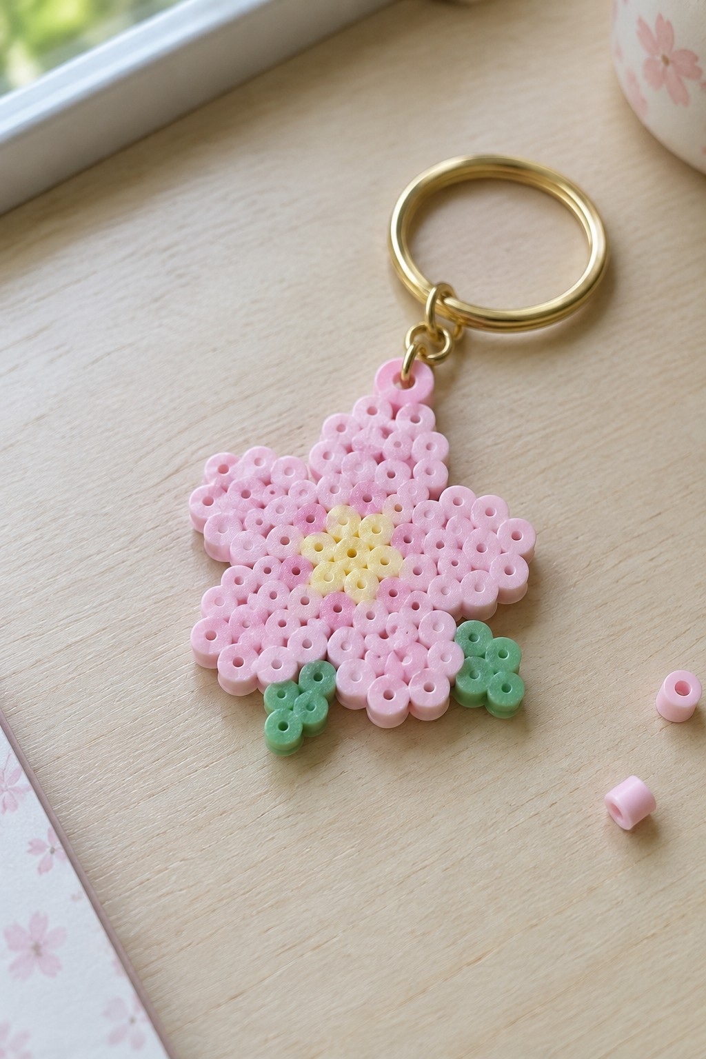 Pink perler bead flower keychain with yellow center on gold ring over wood