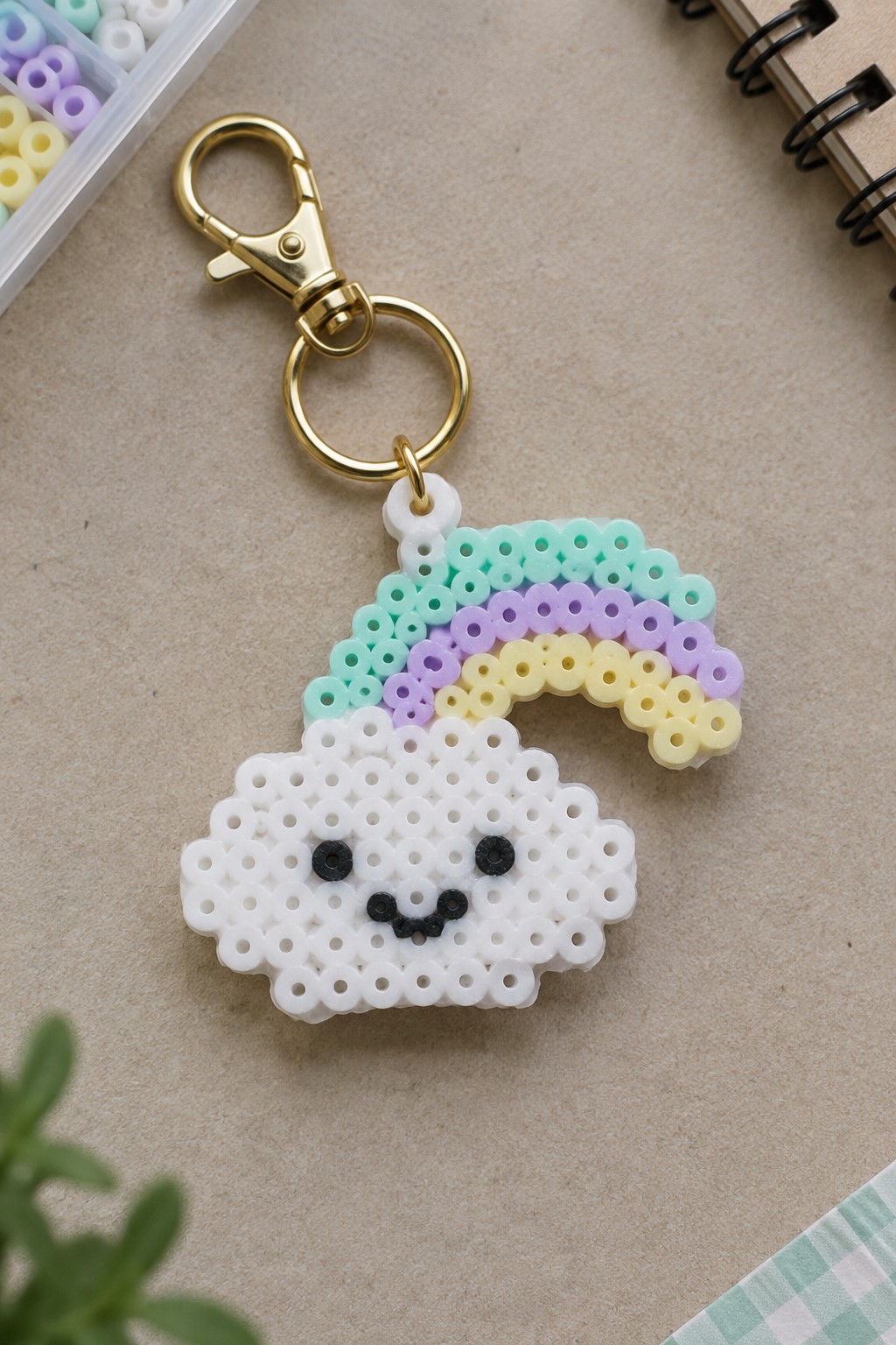 Perler bead keychain with smiling white cloud and pastel rainbow on gold ring