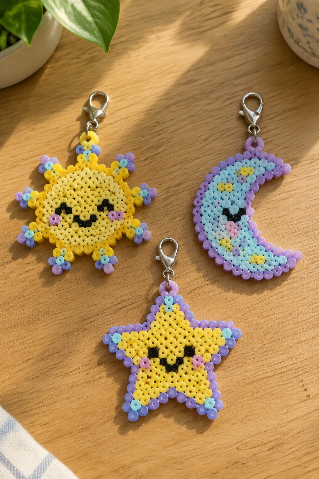 Pastel perler bead sun, moon, and star keychains with smiling faces on wood.