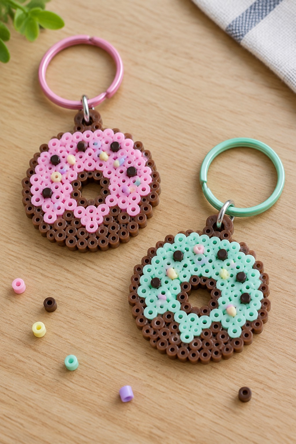 Two fused Perler bead donut keychains, one pink and one mint green, each with a brown border and scattered sprinkles attached to matching keyrings.