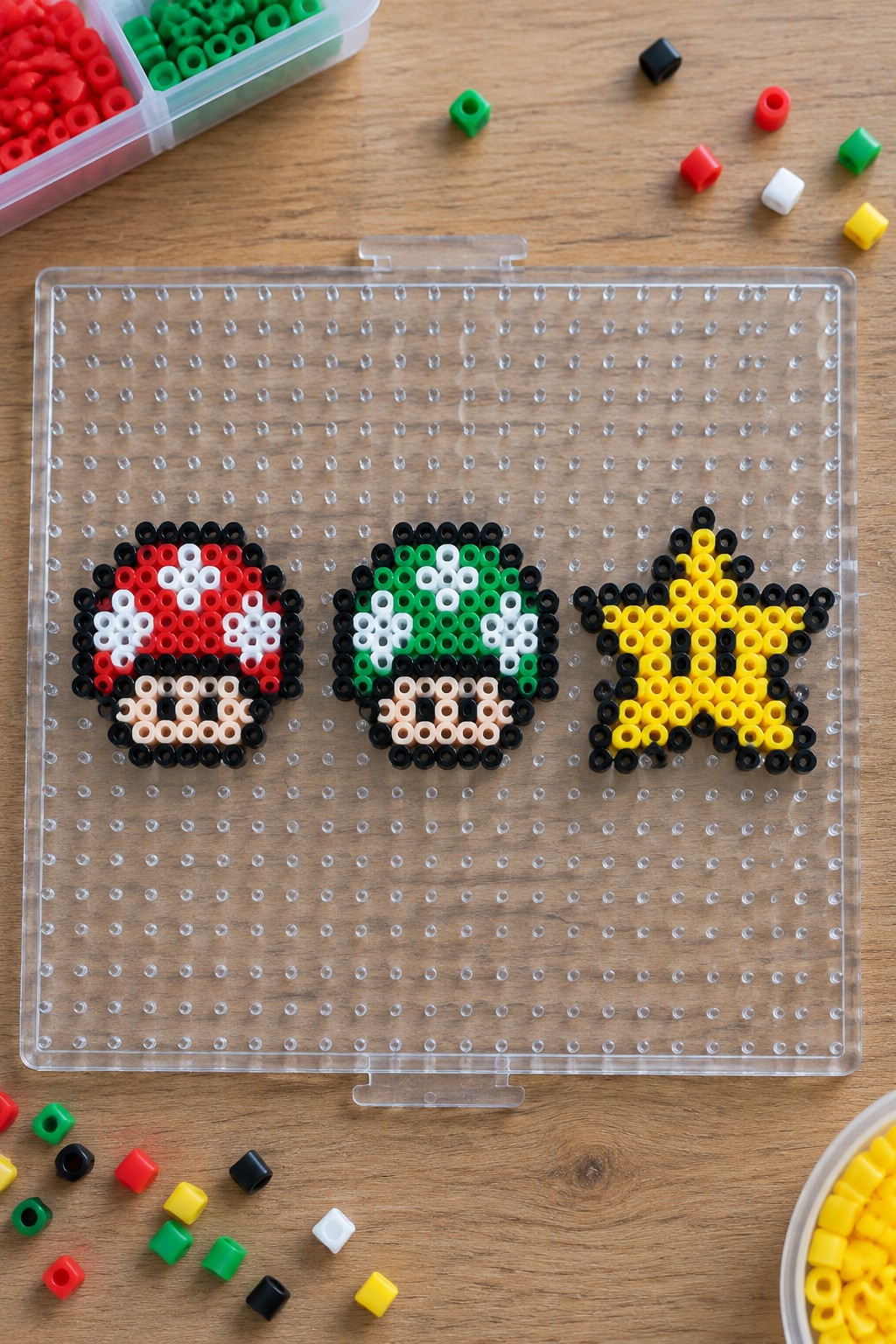 Three unfused Perler bead designs on a pegboard showing a red mushroom, green mushroom, and yellow star.