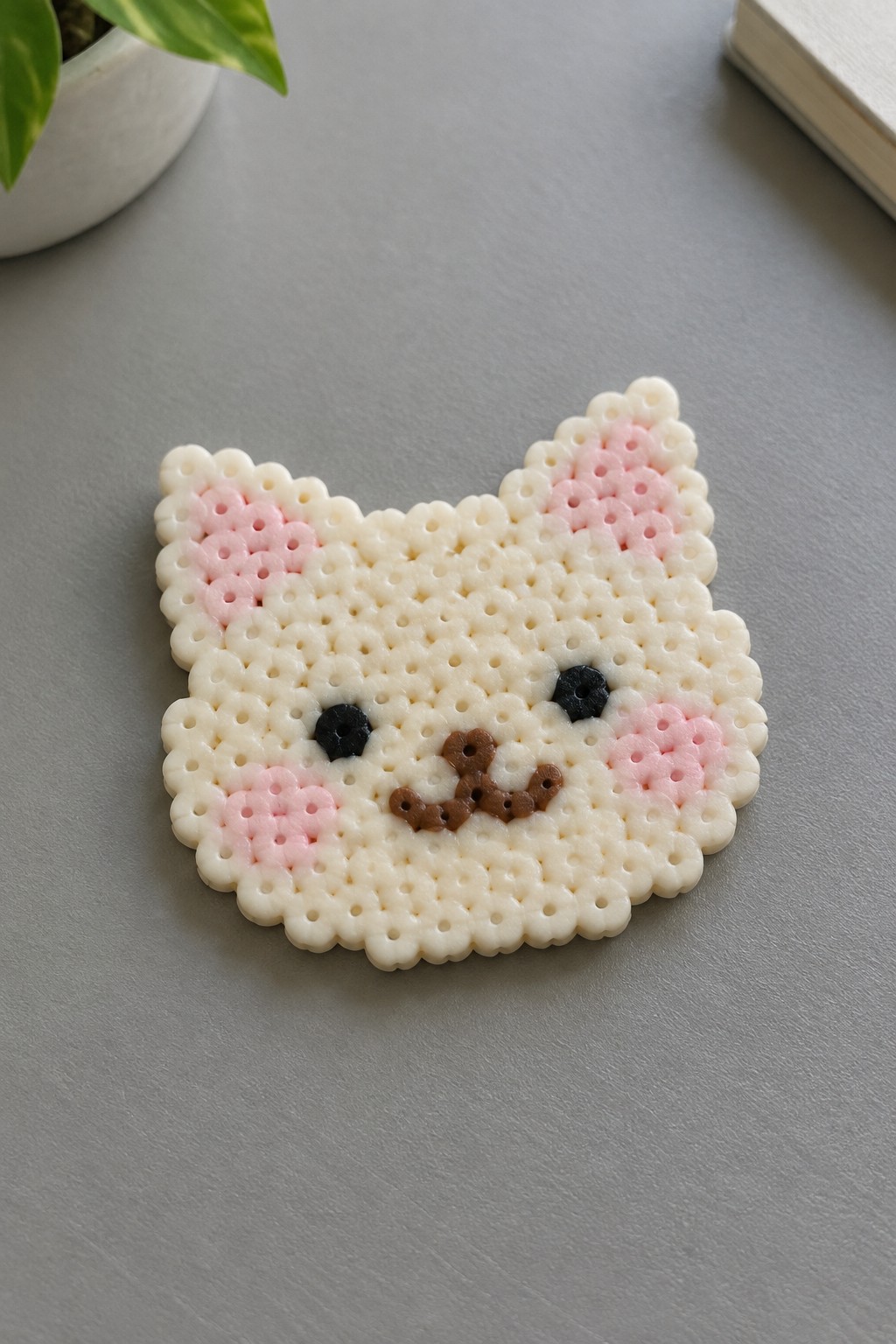 Perler bead cat face arranged on a pegboard using white, pink, black, and brown beads.
