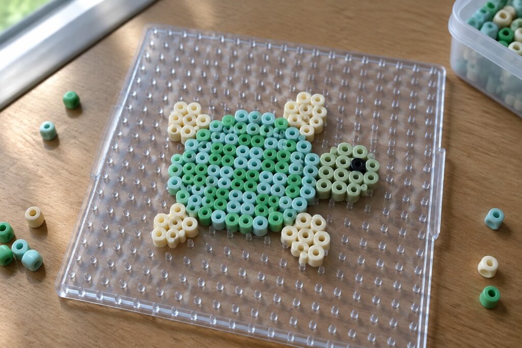 Green and beige perler beads forming a sea turtle on clear pegboard
