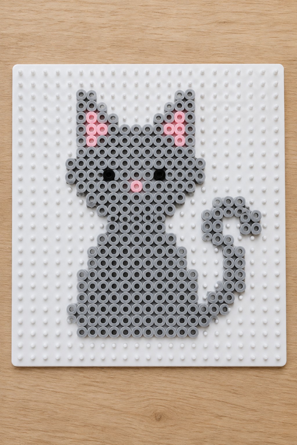 Gray perler bead cat with pink ears on white pegboard.