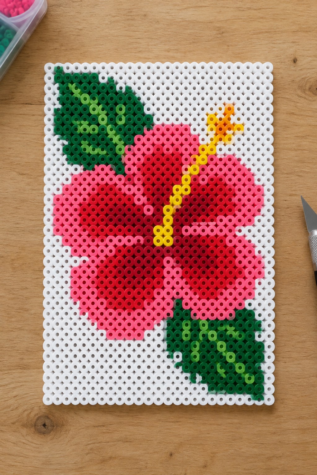 Perler bead hibiscus flower on a pegboard with pink and red gradient petals, yellow center, and green leaves.