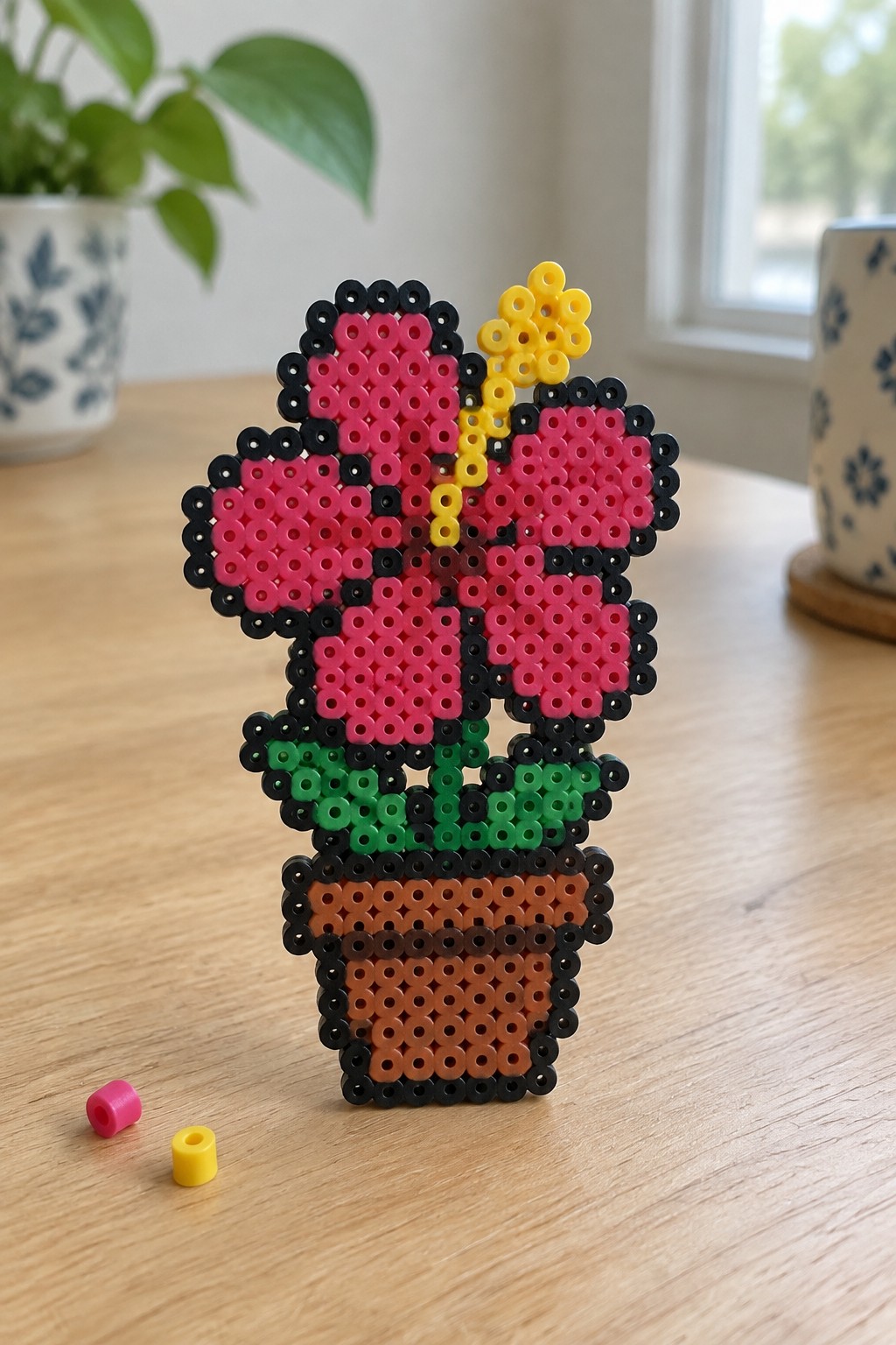 Perler bead potted pink flowers with yellow butterfly on wooden table