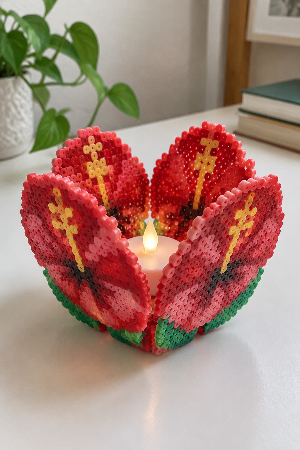 Red and pink perler bead flower candle holder with lit tea light candle