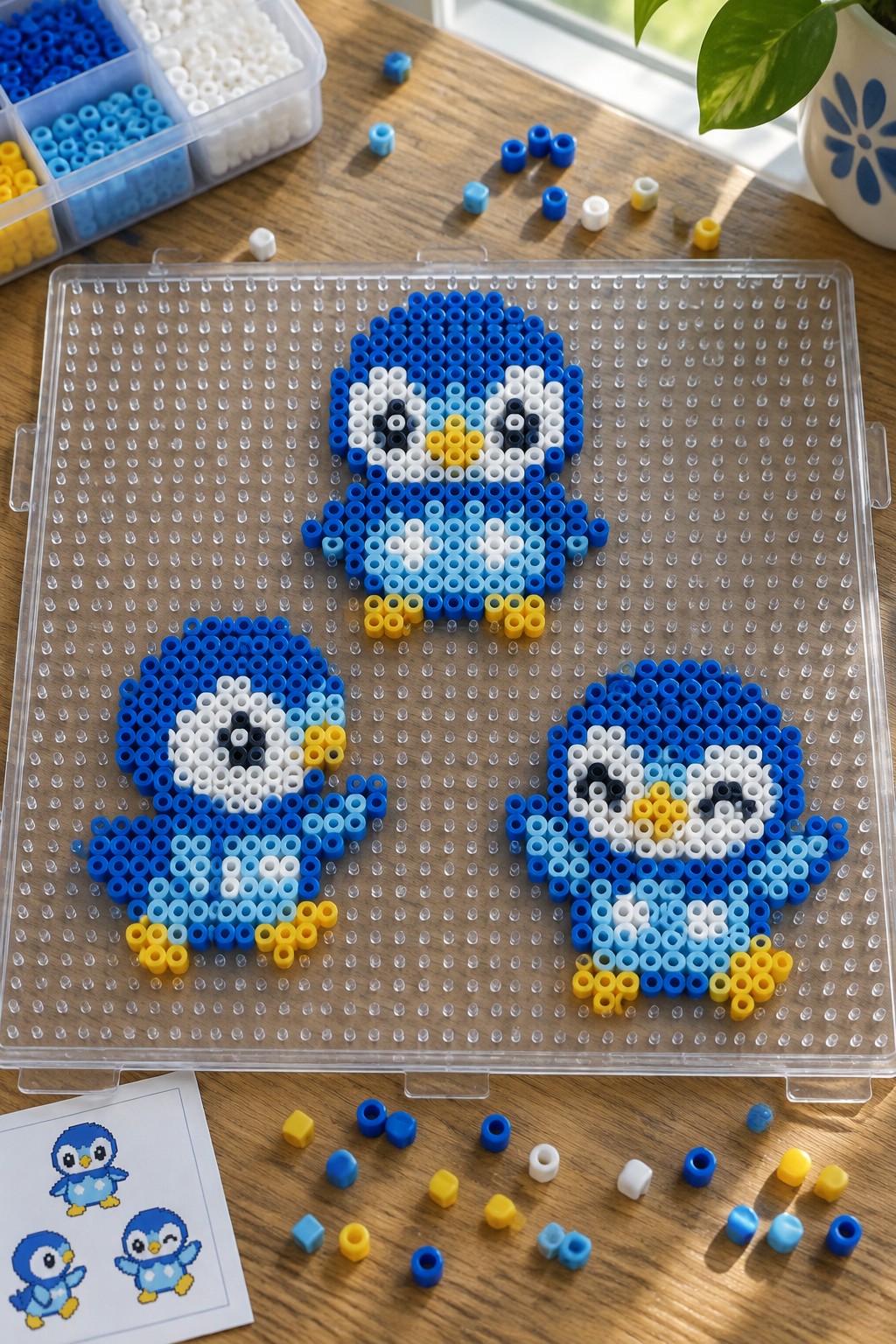 Three blue perler bead penguins on a pegboard with scattered beads and patterns.