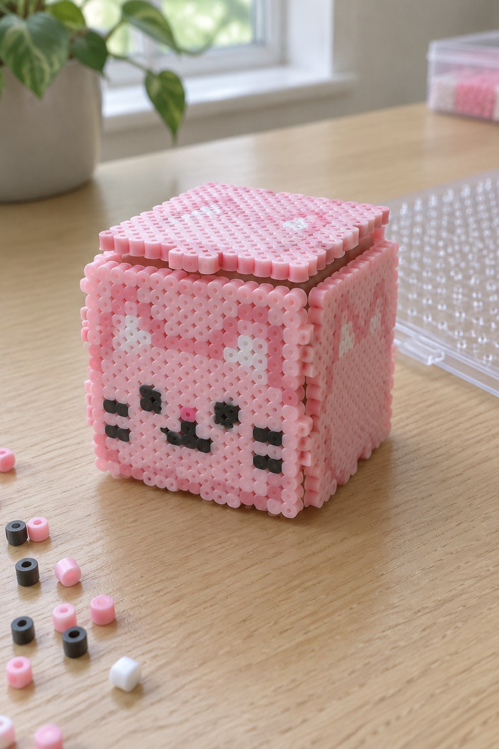 Pink perler bead cube with cute cat face on wooden table with loose beads