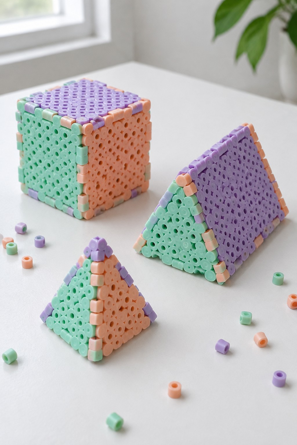 Three small 3D Perler bead sculptures in mint green, peach, lavender, and purple showing a cube and two pyramids.
