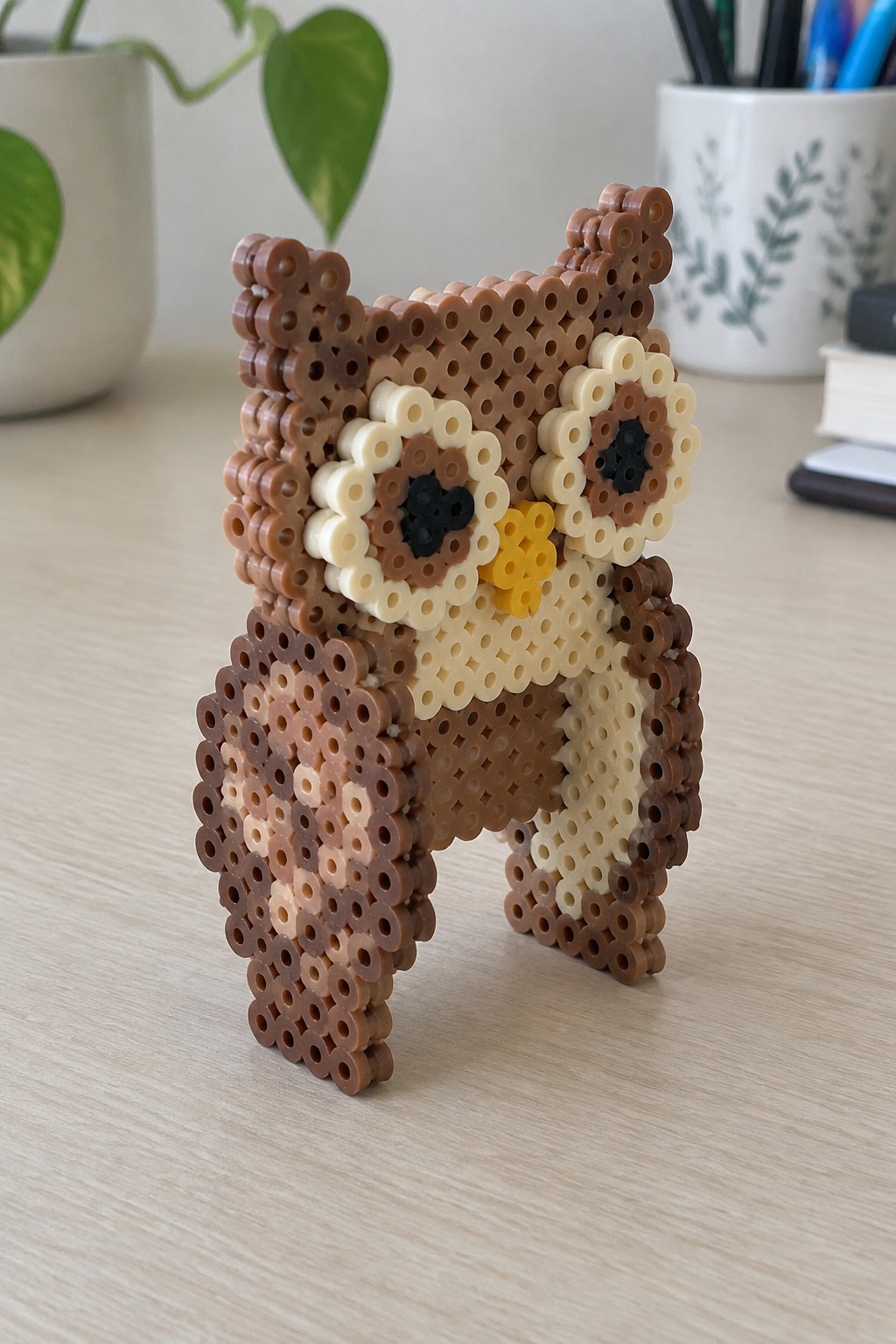 Perler bead owl figurine in brown and beige shades with black eyes and yellow beak