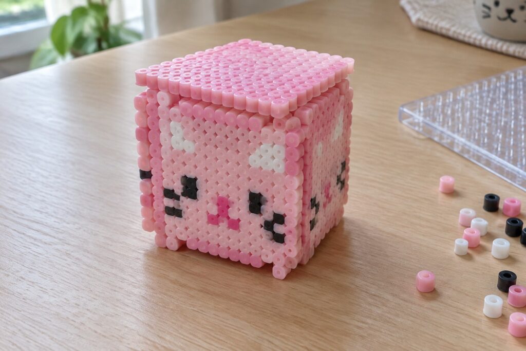 19 3D Perler Bead Ideas for Creative Mini Sculptures Pink perler bead cube with cute cat face on wooden table with loose beads