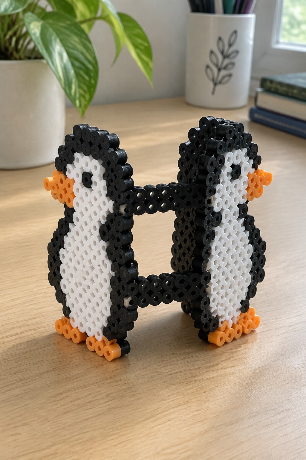Two black-and-white perler-bead penguins with orange beaks and feet joined on wooden table