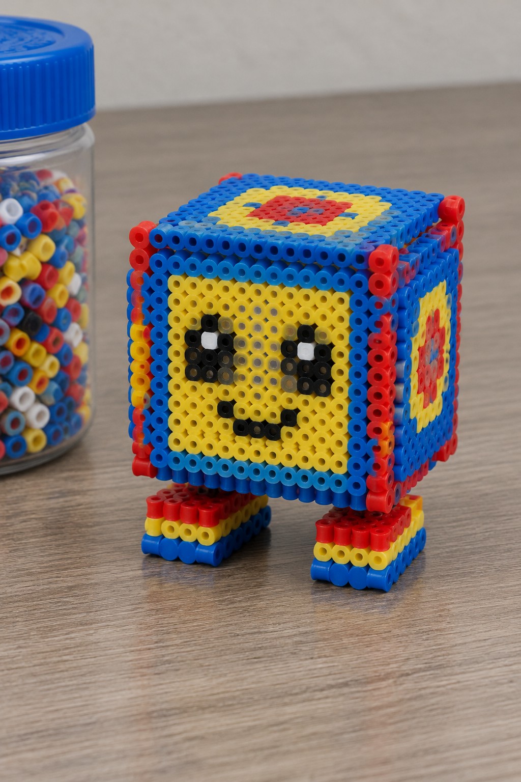 Colorful perler bead cube with pixelated yellow face beside jar of beads on wooden table
