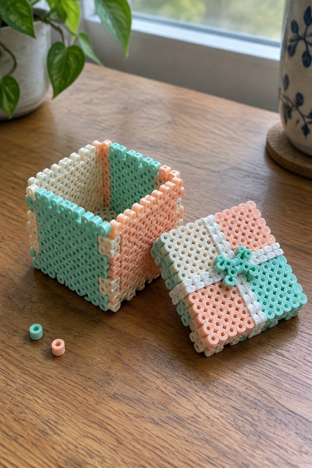 Two fused Perler bead boxes made from mint green, peach, and white beads, one open container and one with a bow on the lid.