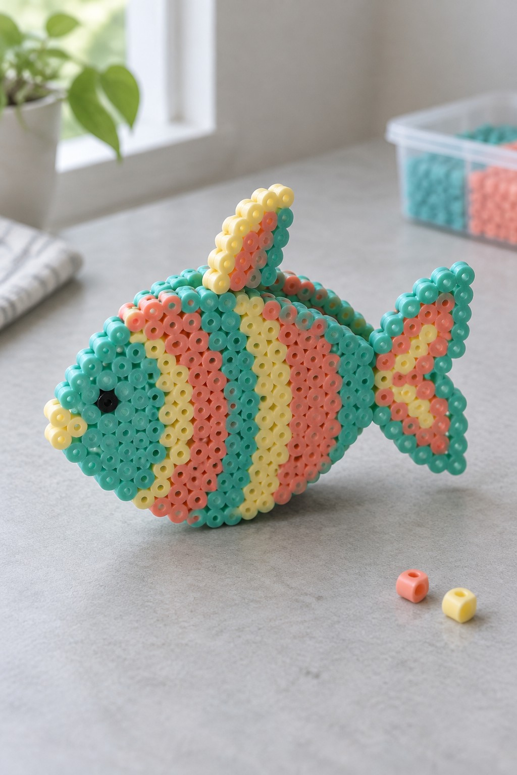 Colorful perler bead fish in turquoise, pink, and yellow on gray surface