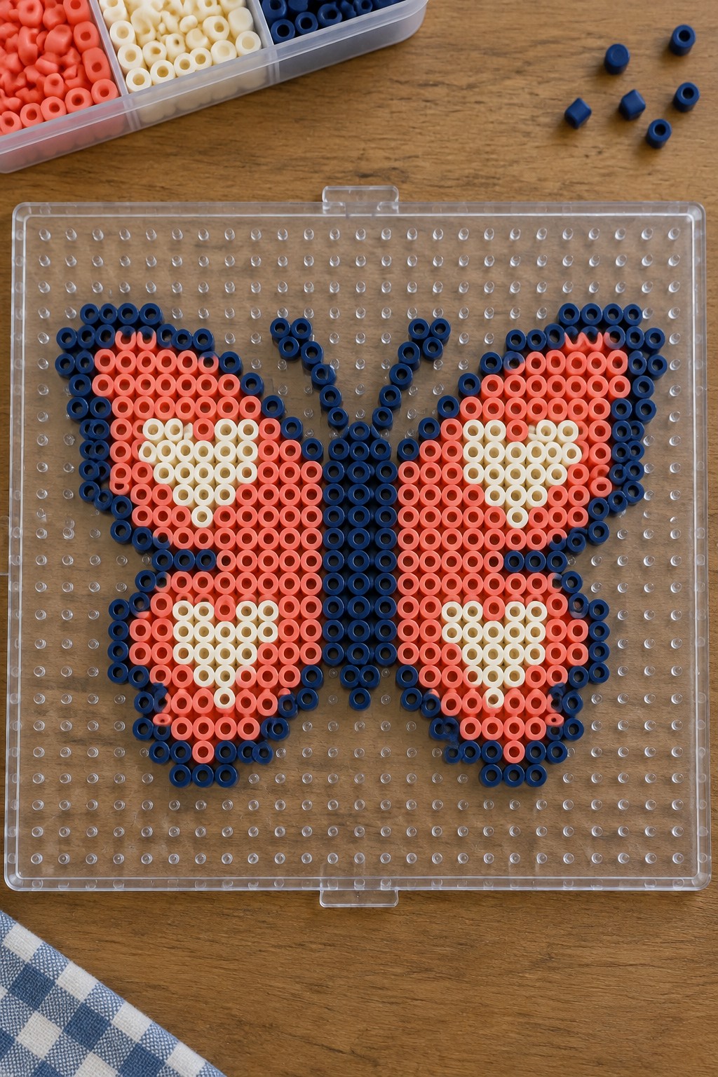 Red white and blue perler bead butterfly on clear pegboard with bead organizer