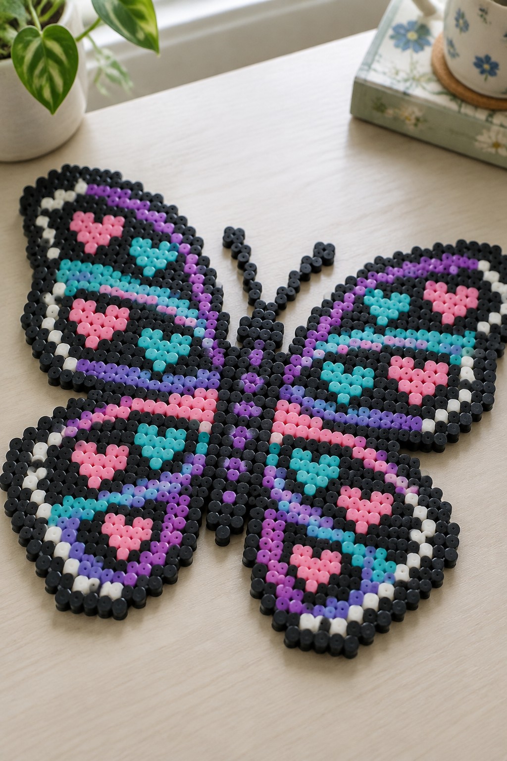 Colorful perler bead butterfly with pink purple cyan wings on wooden table