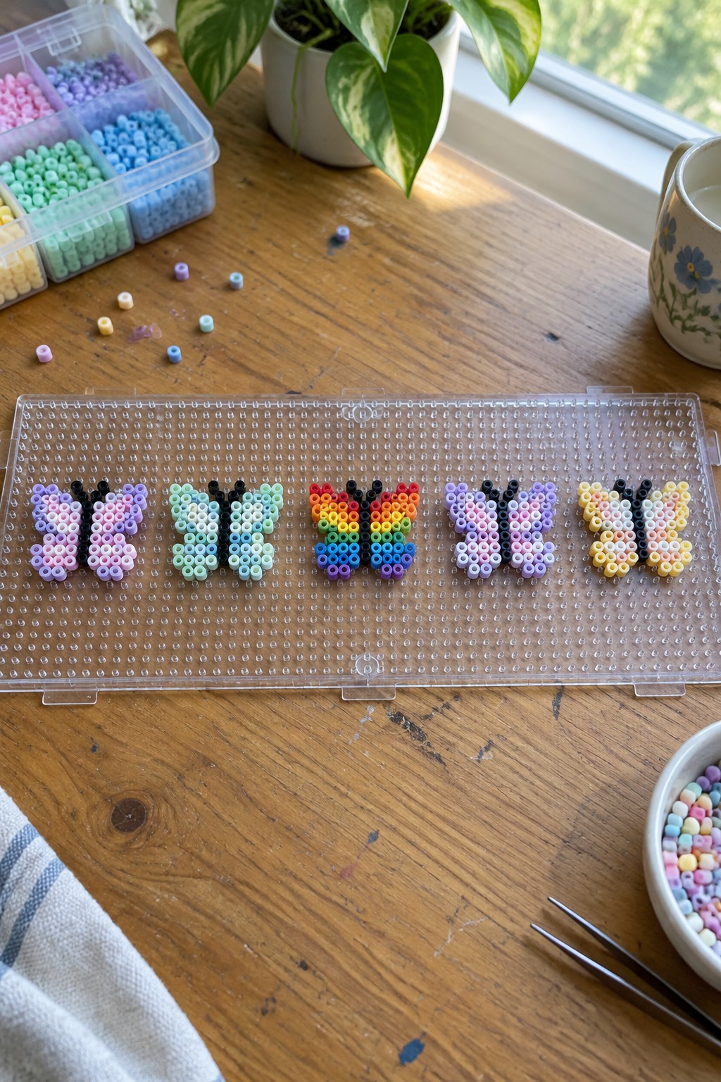 Colorful perler bead butterflies on clear pegboard with scattered beads and supplies nearby