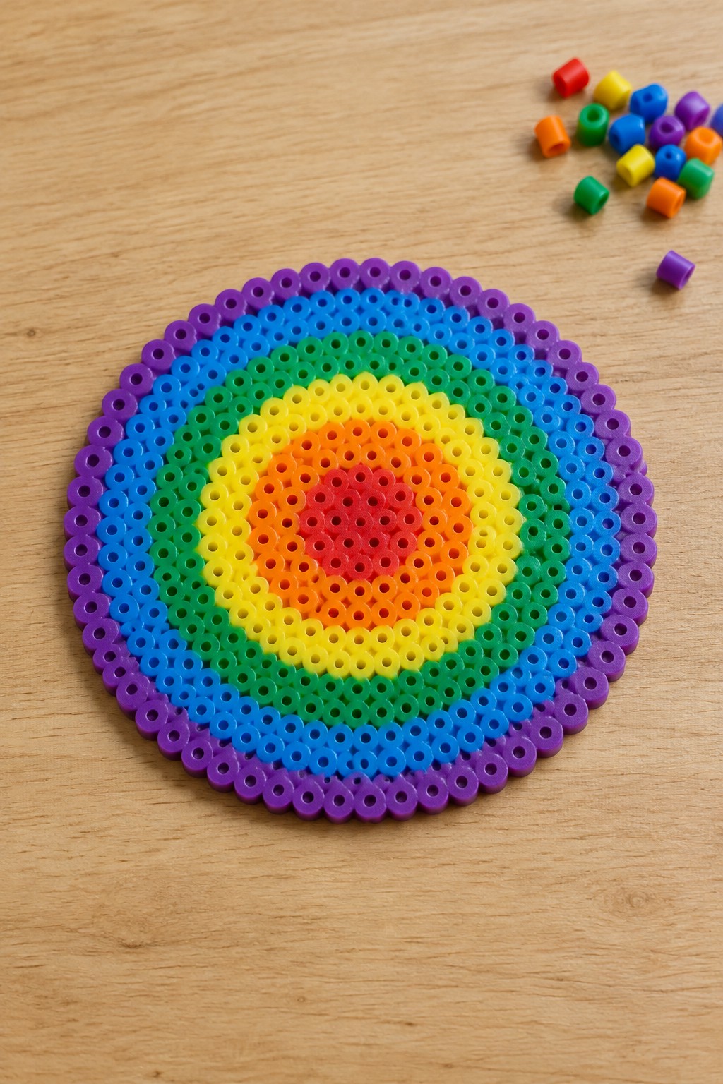 Concentric rainbow rings of perler beads on wooden table with loose beads nearby.