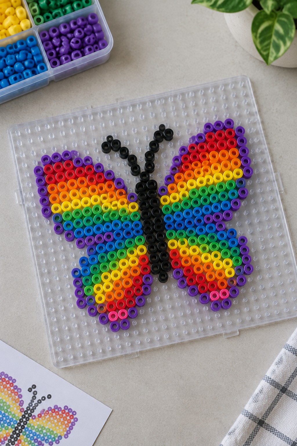 Rainbow Perler bead butterfly on clear pegboard with colorful bead containers nearby