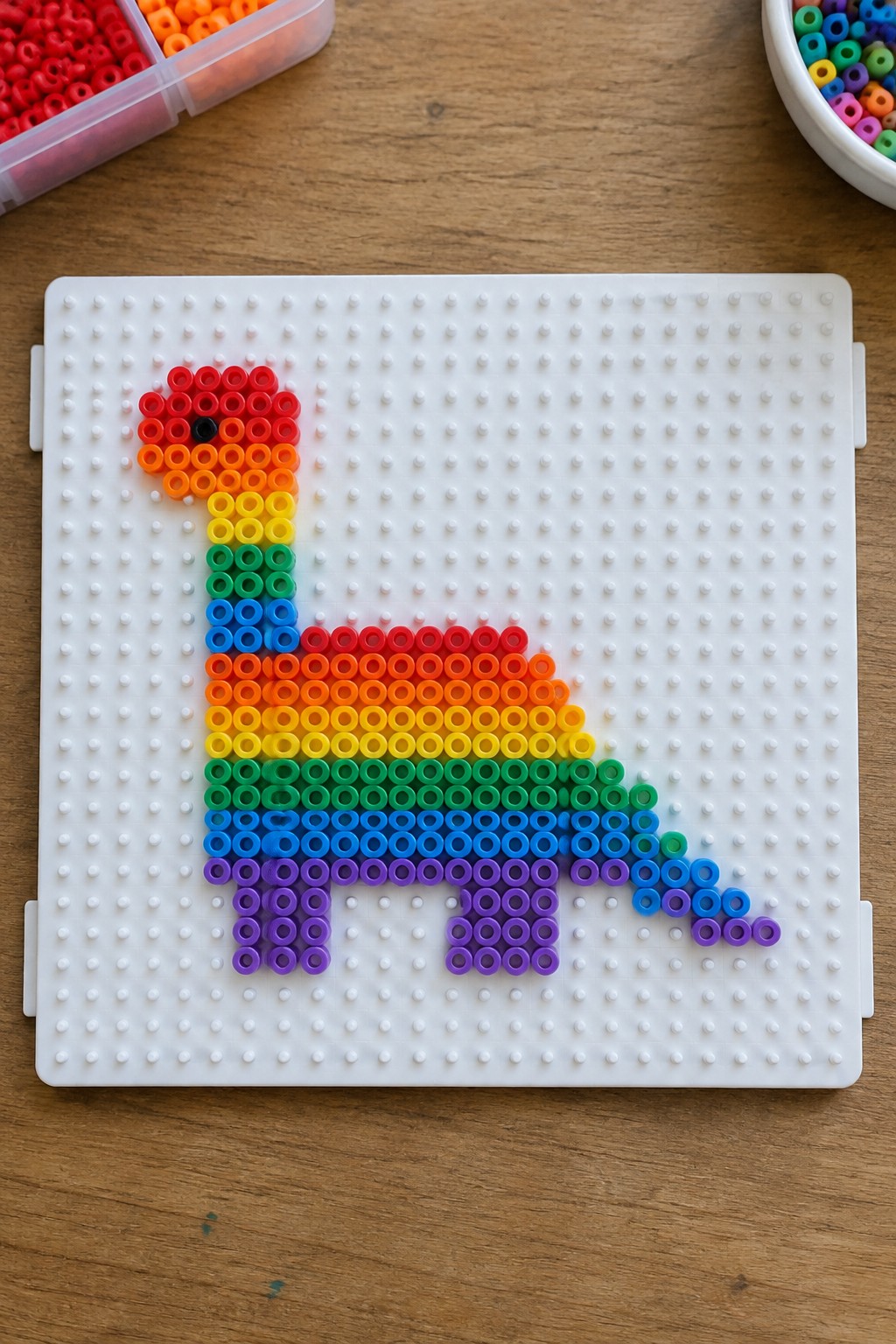 Rainbow Perler bead dinosaur on white pegboard with colorful bead containers nearby