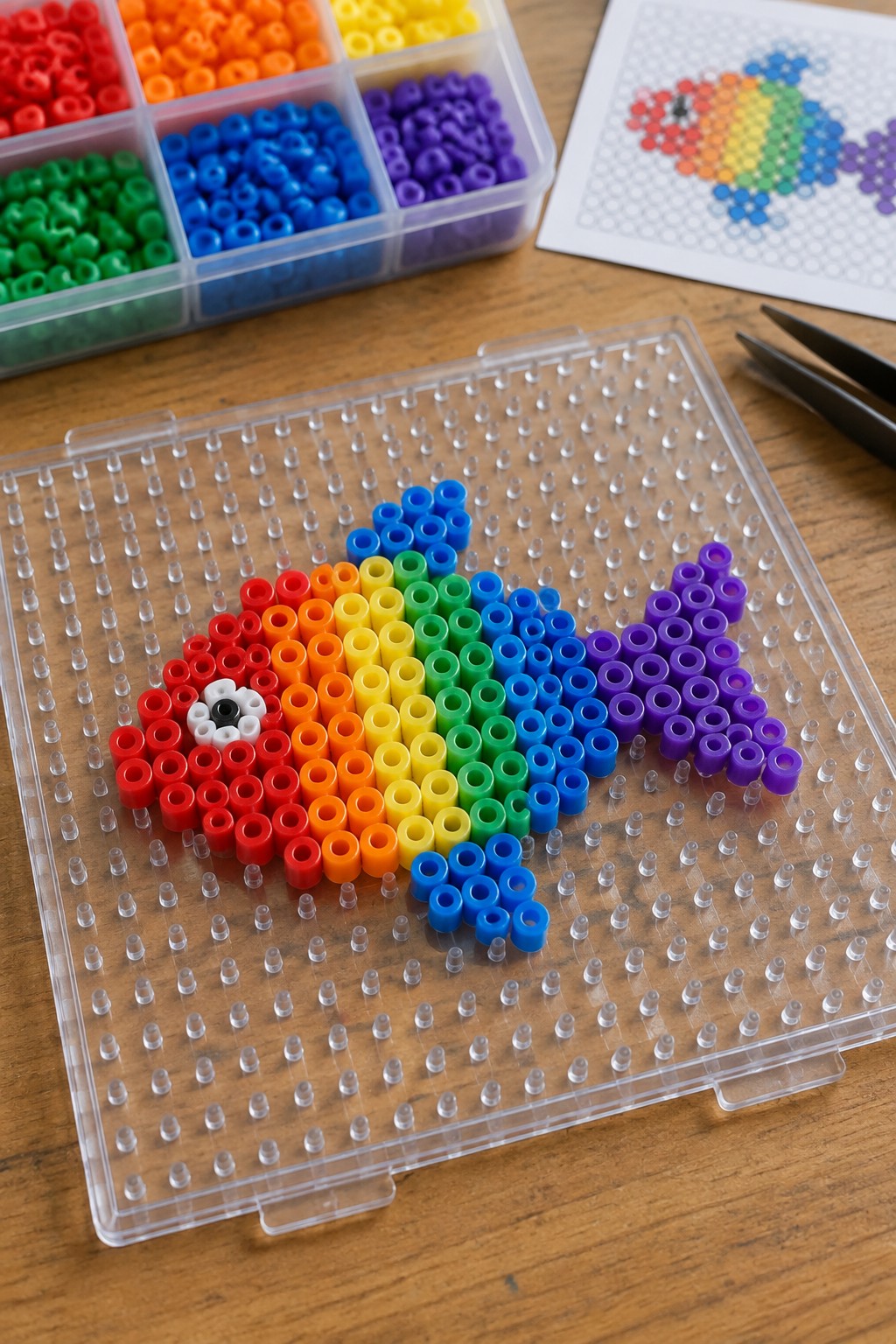 Rainbow fish Perler beads arranged on clear pegboard with bead organizer and pattern nearby