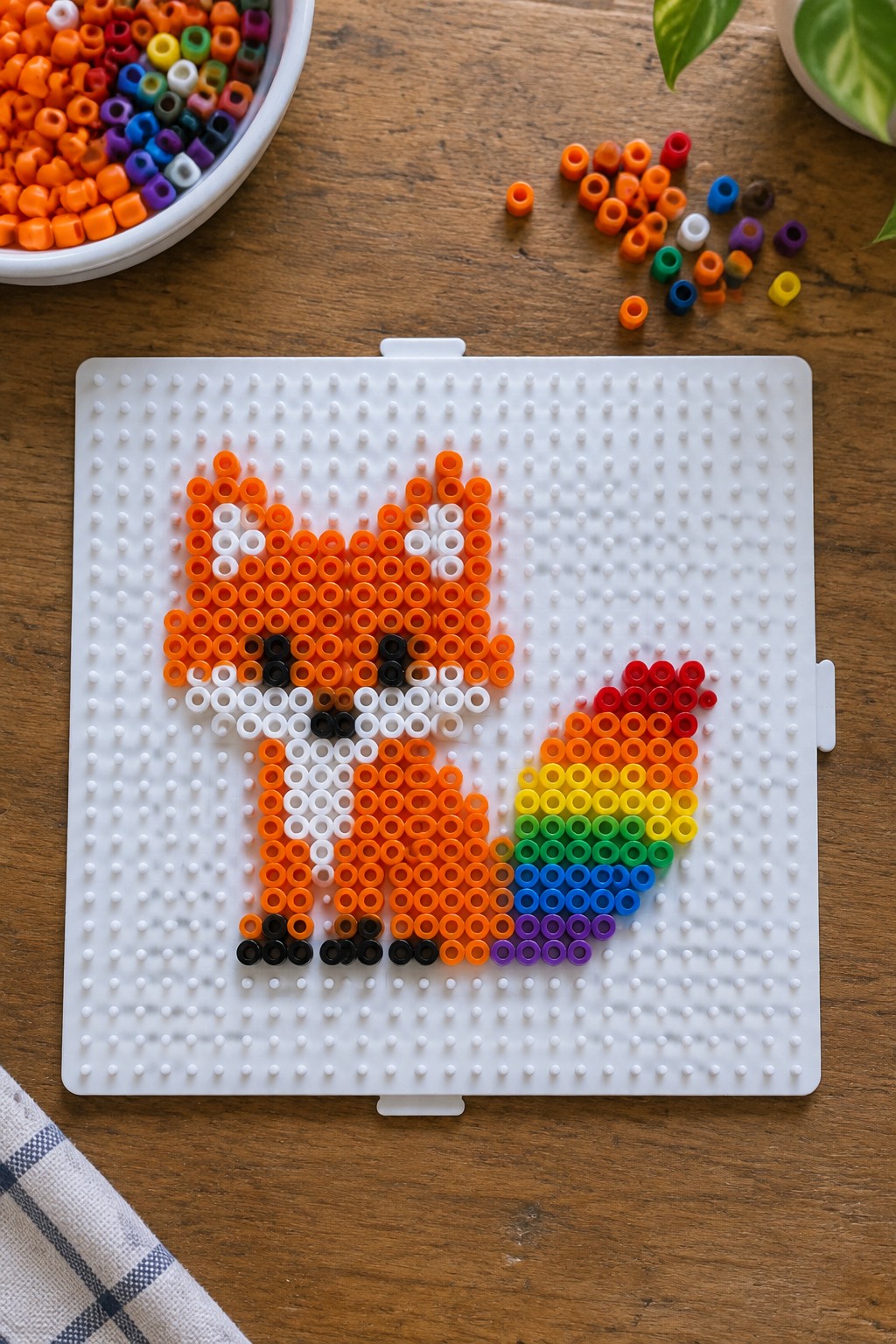 Orange fox perler bead art with rainbow tail on white pegboard amid scattered beads