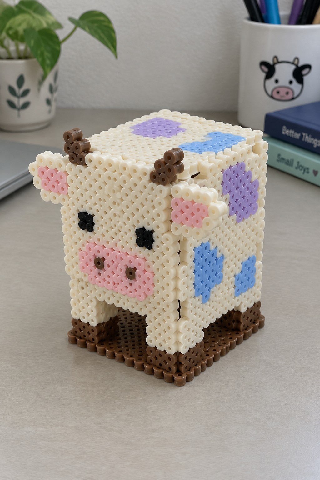 Perler bead cube cow with pink snout, black eyes, and blue-purple spots