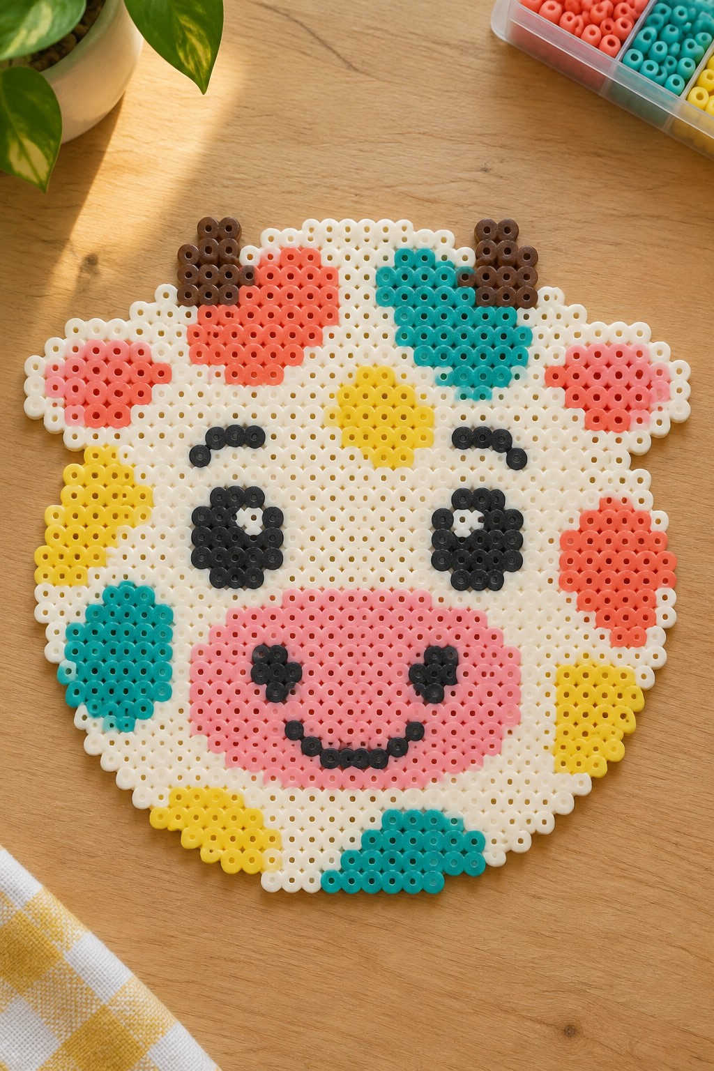 Colorful perler bead cow face craft on wooden table with supplies