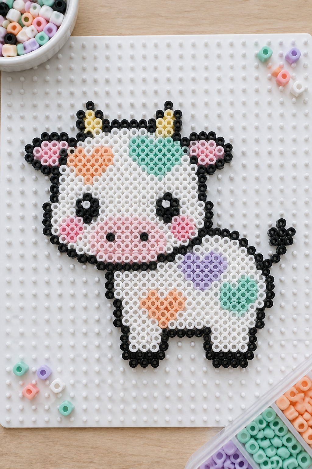 Unfused Perler bead cow on a pegboard with black outline, pink face, and colorful spots in orange, purple, and mint green.