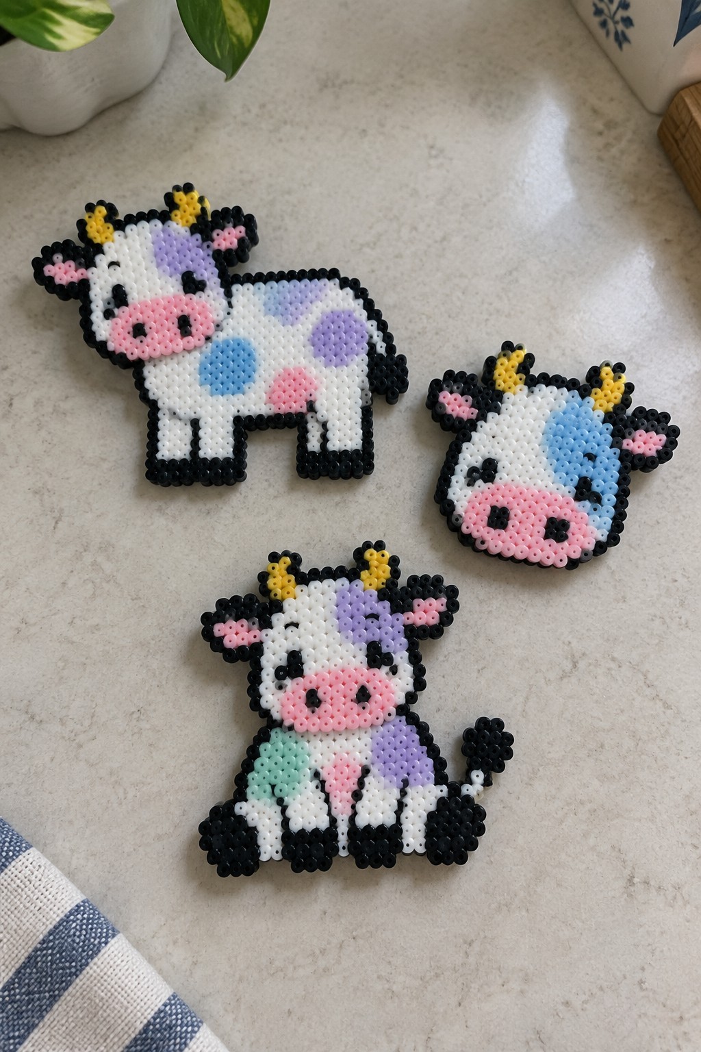 Three perler bead cows in pastel colors on marble countertop with plant nearby