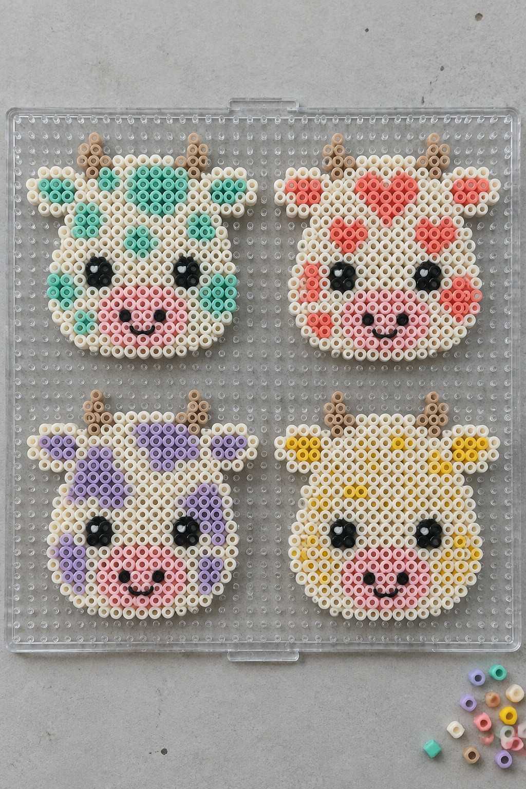 Four colorful perler bead cow faces on a clear pegboard.