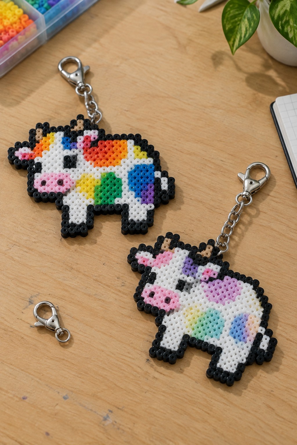 Two perler bead unicorn keychains, rainbow and pastel, with metal clasps on wood