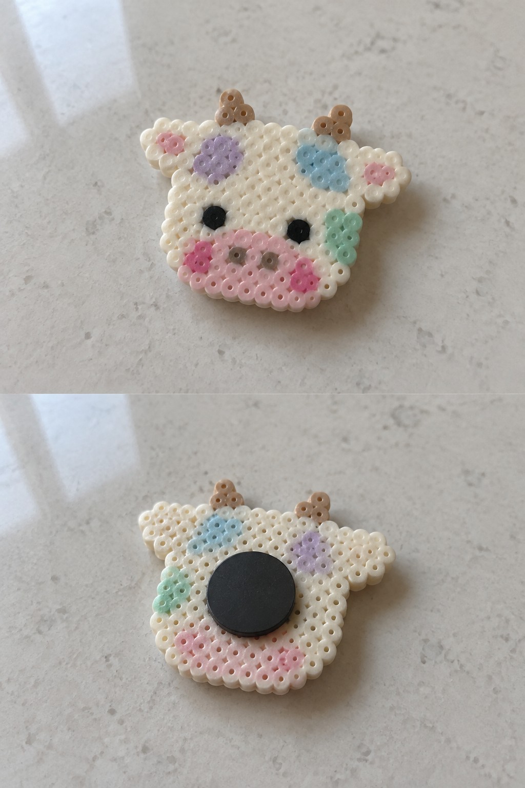 Perler bead cow magnet shown front and back with black magnet on reverse.