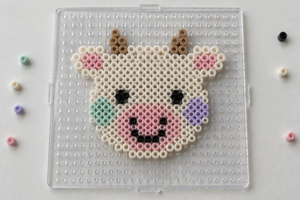 19 Cow Perler Bead Designs With Colorful Spots and Cute Faces Perler bead cow face on clear pegboard with scattered loose beads nearby