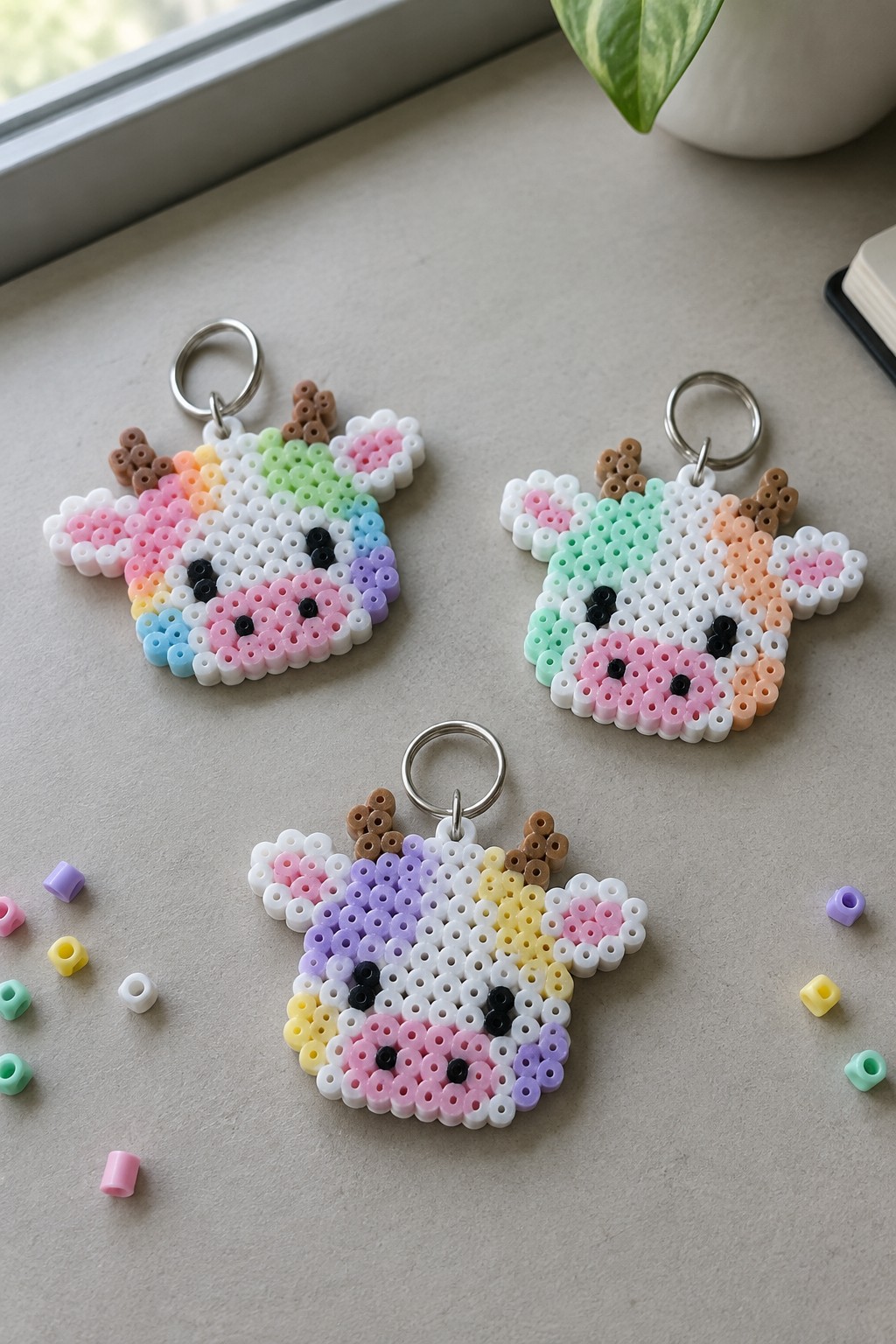 Three rainbow perler bead cow keychains with metal rings on gray surface