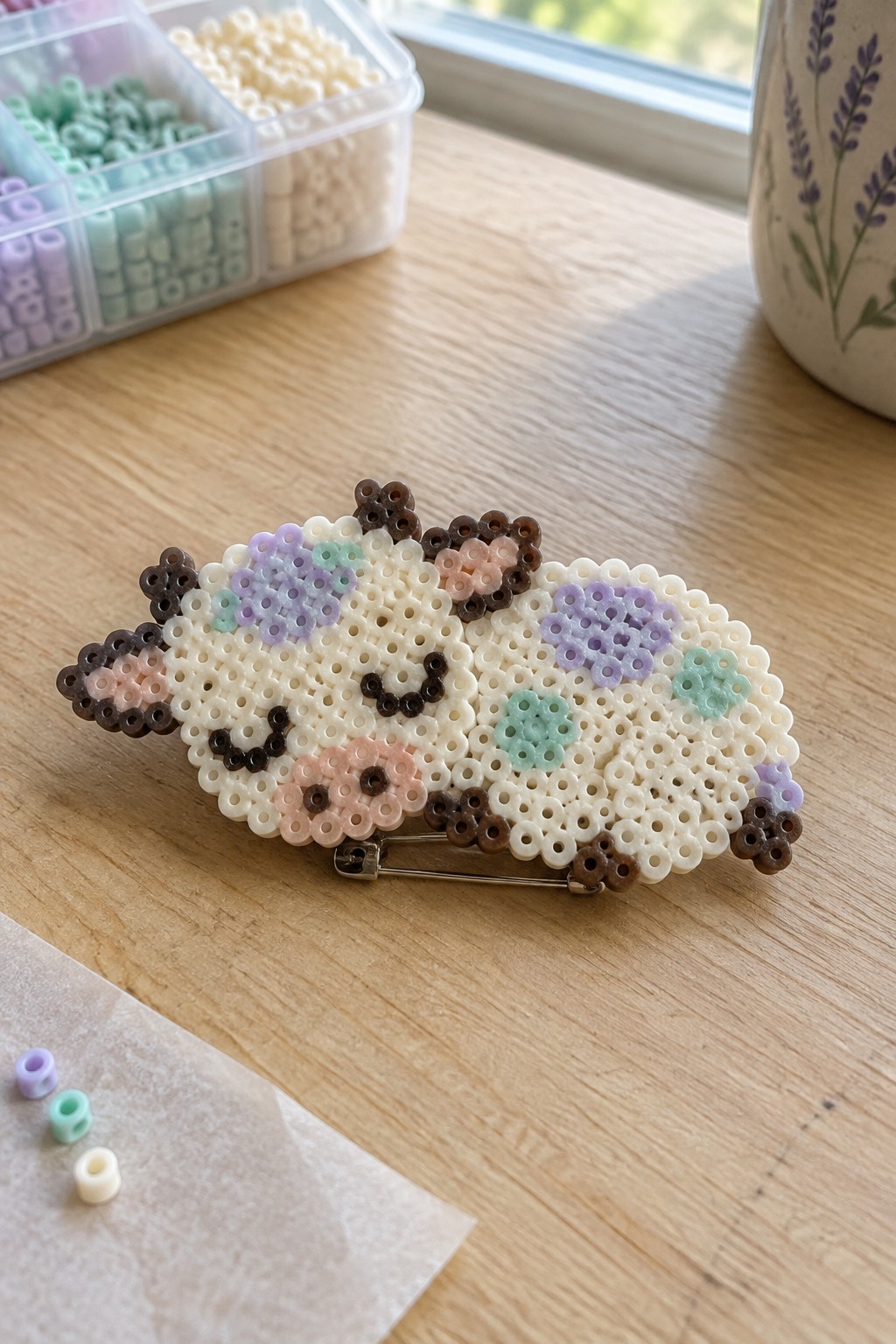 Perler bead sheep hair clip with pastel flowers on wooden table