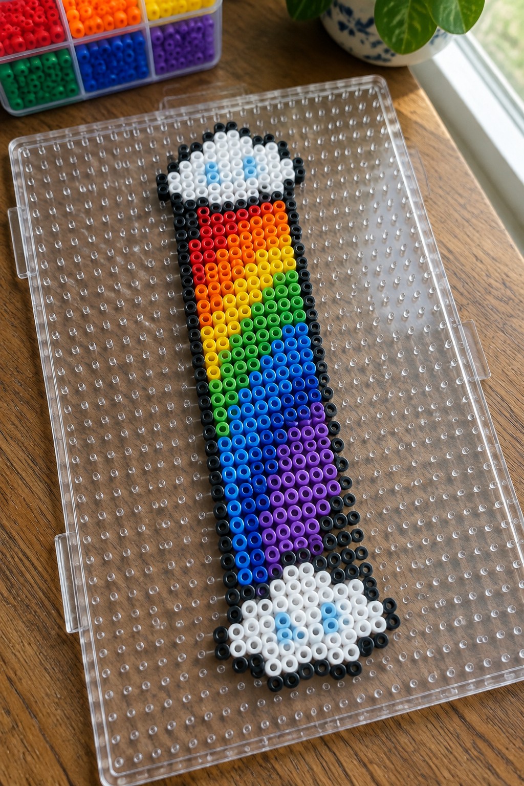Rainbow perler bead design with black borders on clear pegboard over wooden table
