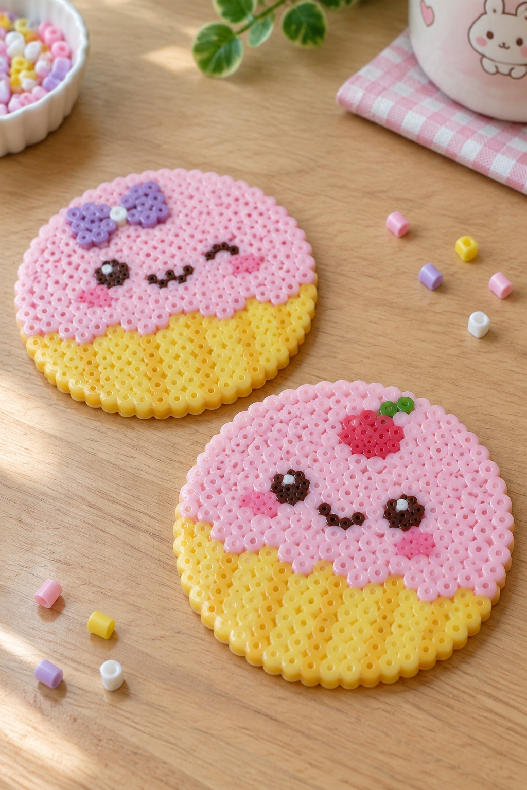 Two pink perler bead cupcakes with faces on wooden table with loose beads