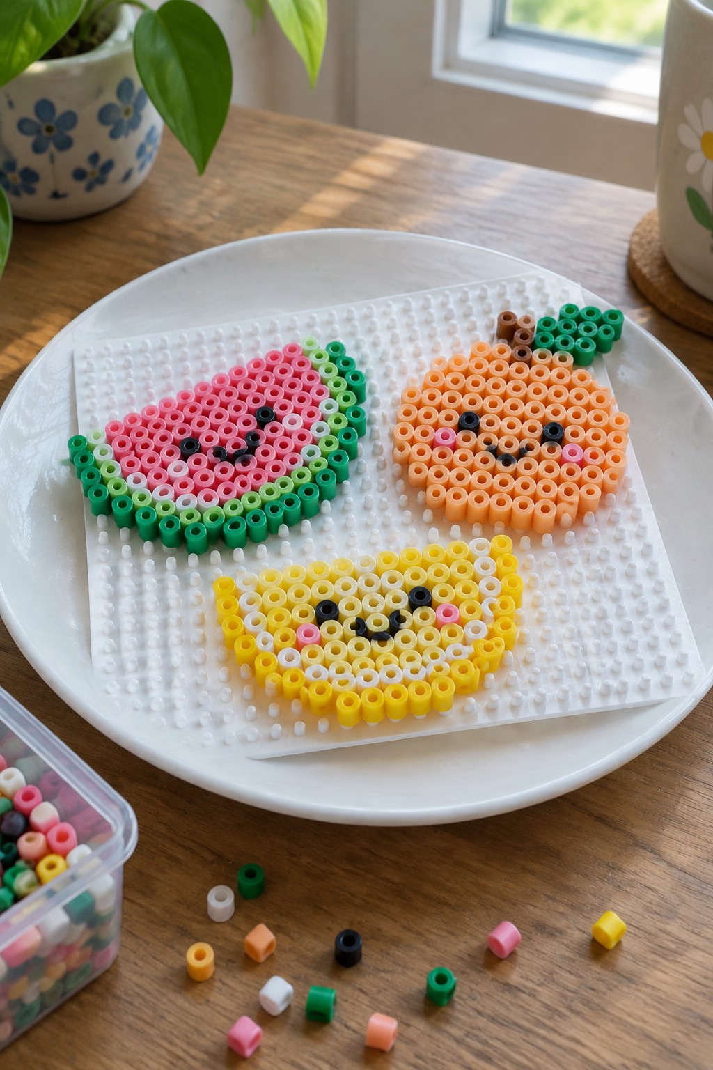 Colorful perler bead watermelon, pumpkin, and lemon faces on a pegboard.