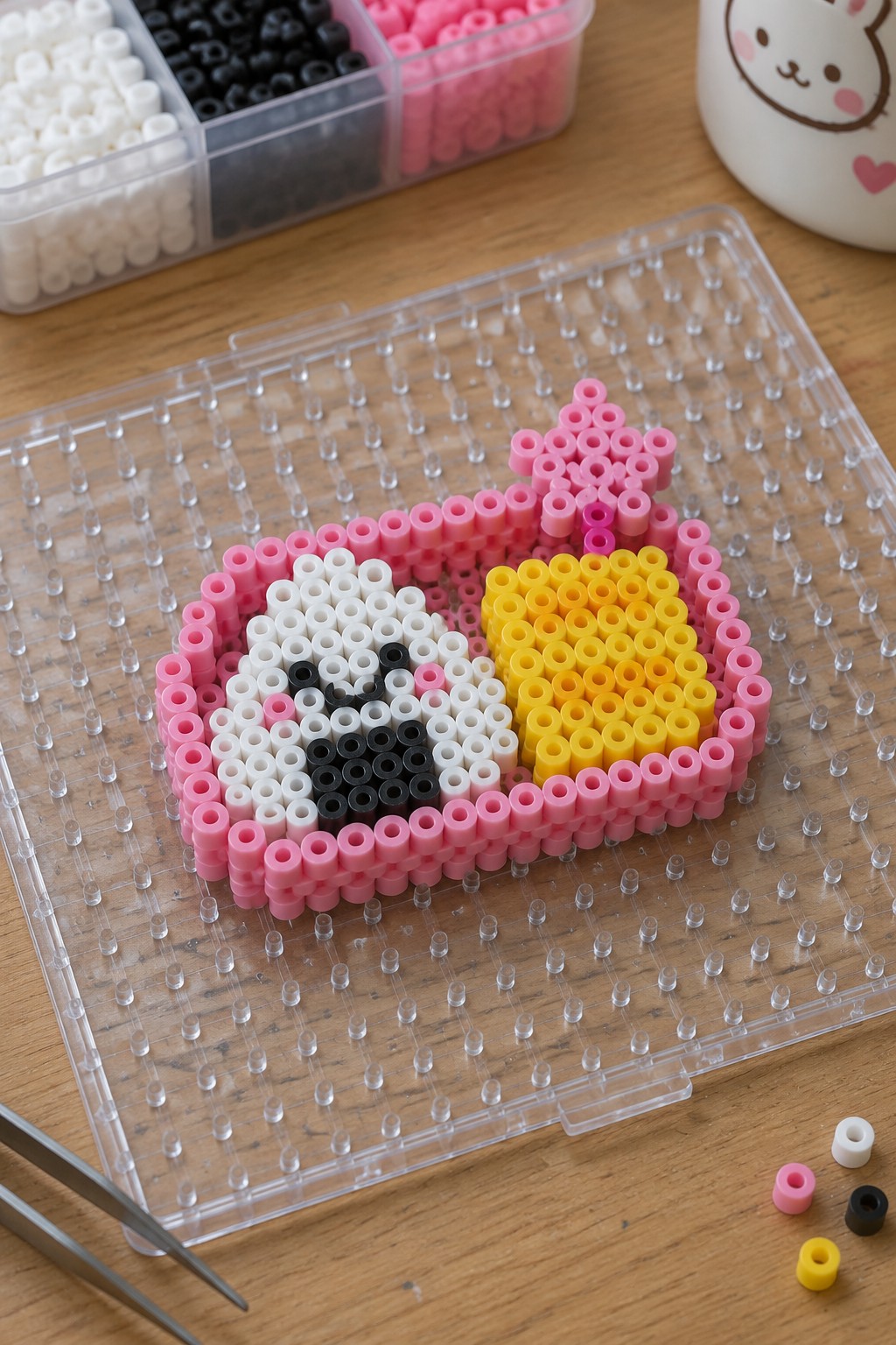 Perler bead pattern on a pegboard showing a kawaii panda face in pink, white, and black next to a yellow square, all inside a pink border with a star on top.